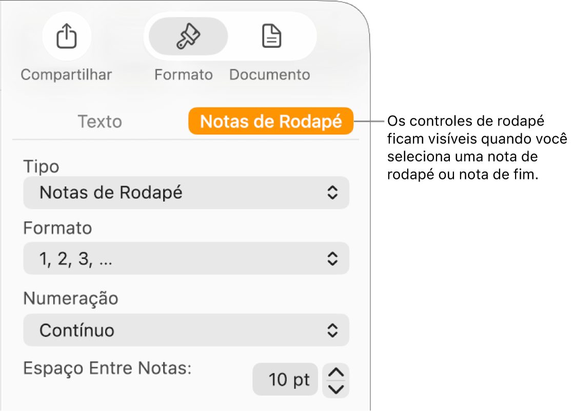 O painel Notas de rodapé, com menus locais para Tipo, Formato, Numeração e espaço entre notas.