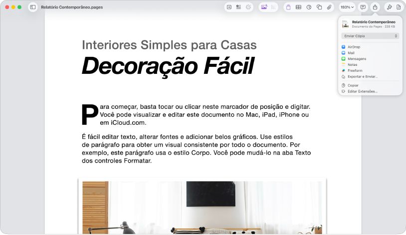 Um documento aberto com o menu Compartilhar aberto.