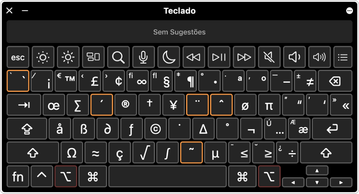 O Visualizador de Teclado aberto com as teclas mortas destacadas.