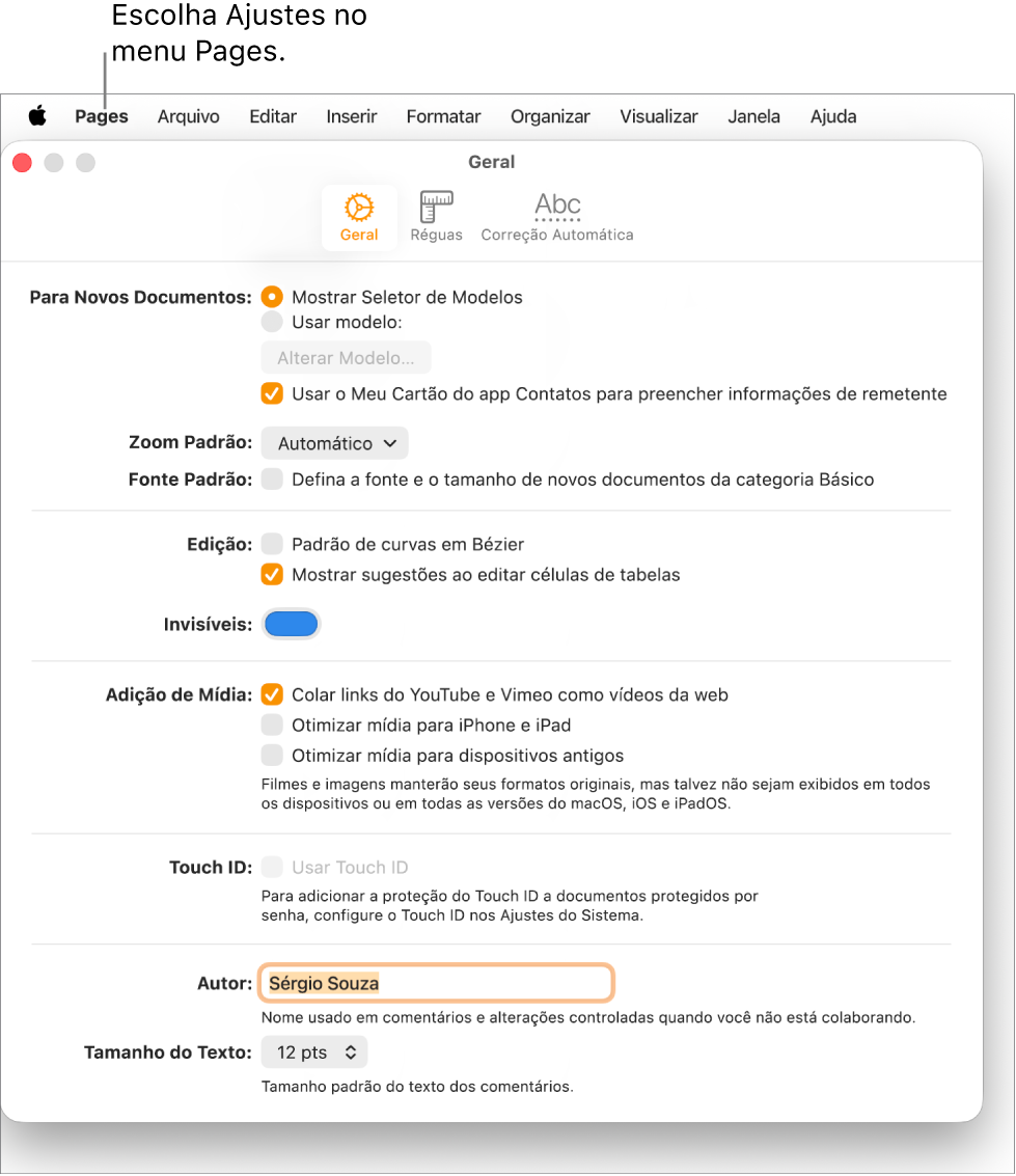 Janela dos Ajustes do Pages aberta no painel Geral, com ajustes para novos documentos, fonte e zoom padrão, edição, equações, invisíveis, adição de mídia, Touch ID, nome do autor e tamanho de texto padrão.