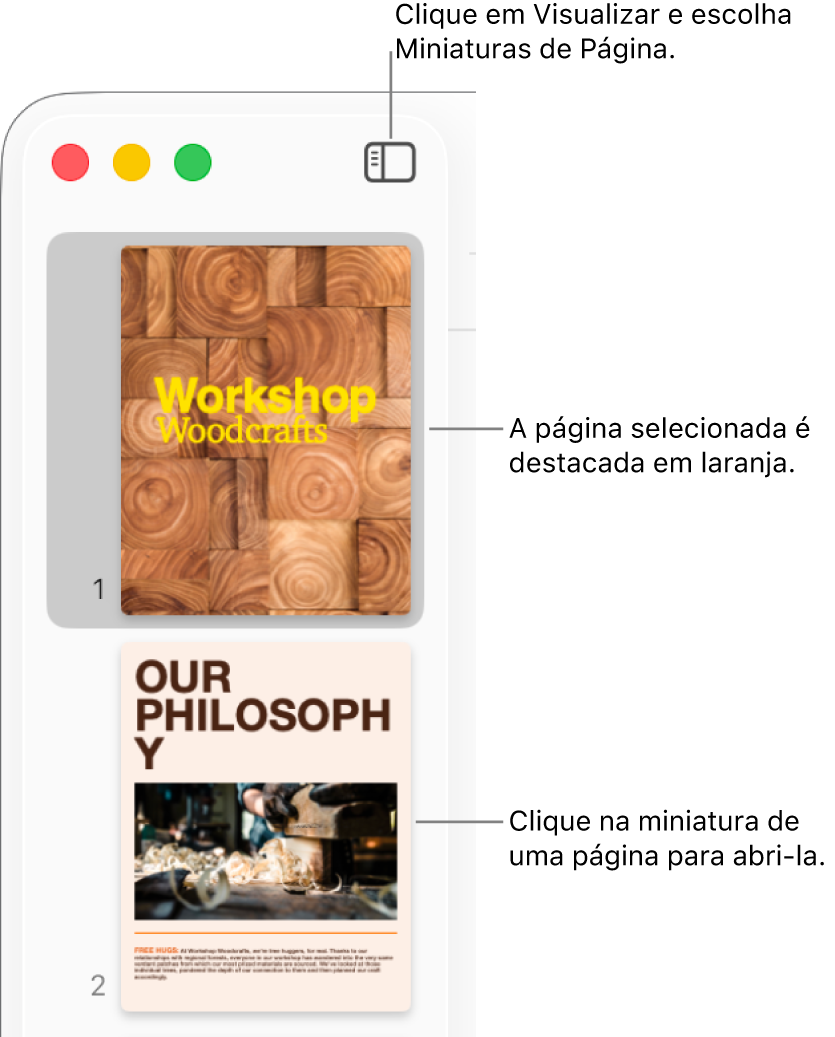Barra lateral no lado esquerdo da janela do Pages, com a visualização de Miniaturas de Página aberta e uma página selecionada destacada em laranja escuro.