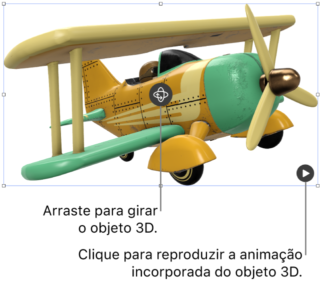 Objeto 3D com o botão Girar no meio do objeto e o botão Reproduzir no canto inferior direito.