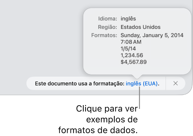 A notificação da configuração diferente de idioma e região, com exemplos de formatação no idioma e região diferentes.
