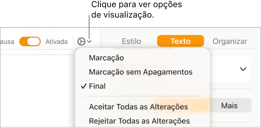 O menu de opções de revisão mostrando Marcação, Marcação Sem Exclusão e Final.