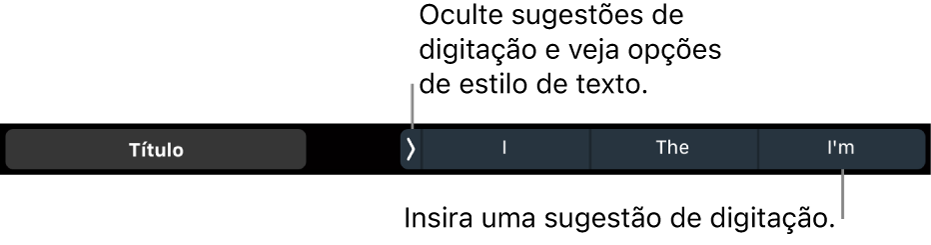 Touch Bar do MacBook Pro, com controles para escolher um estilo de texto, ocultar sugestões de digitação e inserir sugestões de digitação.