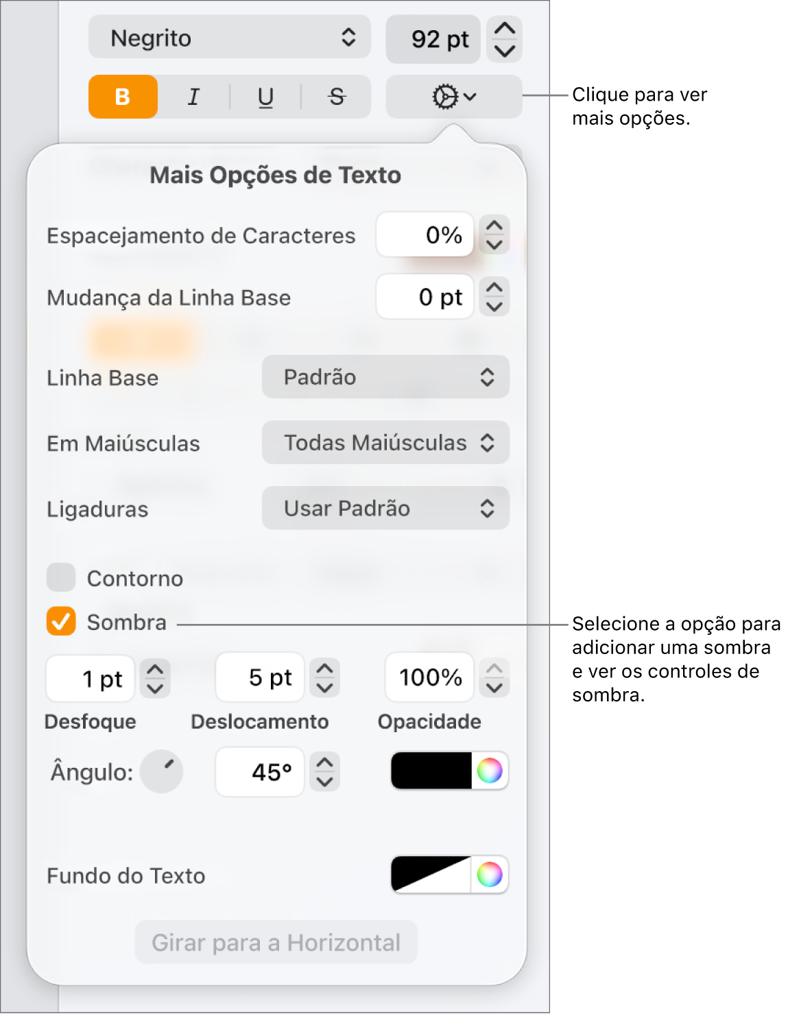 O menu Opções Avançadas se abre com a opção Sombra selecionada e controles para definir o desfoque, o deslocamento, a opacidade, o ângulo e a cor.
