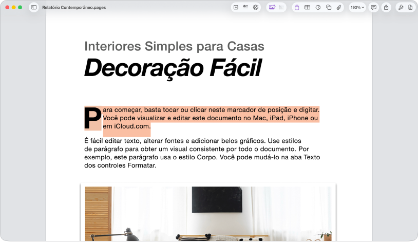 Em um documento aberto, um modelo de texto marcador de posição está selecionado.