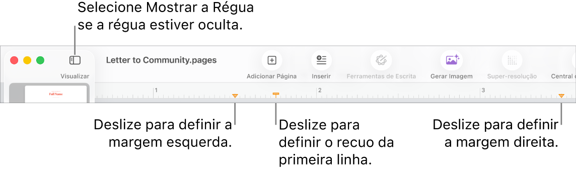 Régua com controle de margem esquerda e controle de recuo de primeira linha.