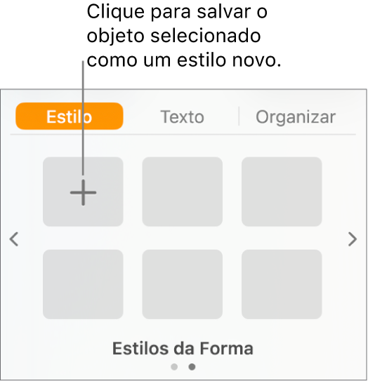 Aba Estilo da barra lateral Formatar, com o botão Criar Estilo no canto superior esquerdo e cinco marcadores de posição de estilo vazios.