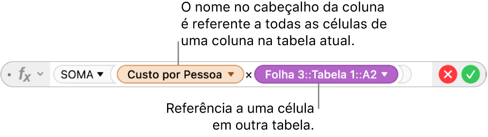 Editor de Fórmula mostrando uma fórmula referente a uma coluna de uma tabela e a uma célula de outra tabela.