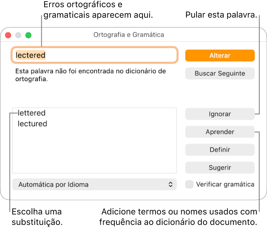 Janela de Ortografia e Gramática.