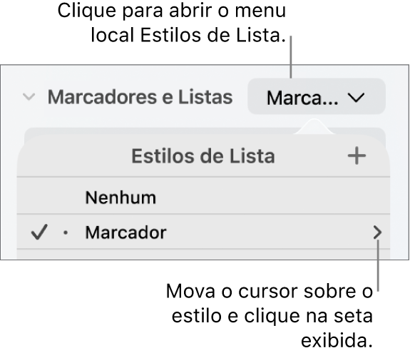 O menu pop-up Estilos de Lista com um estilo selecionado e uma seta em sua extrema direta.