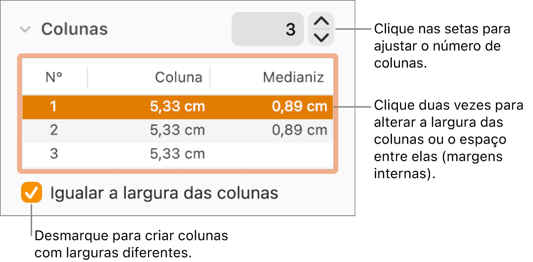 Painel Layout do inspetor Formatar, exibindo os controles de coluna.