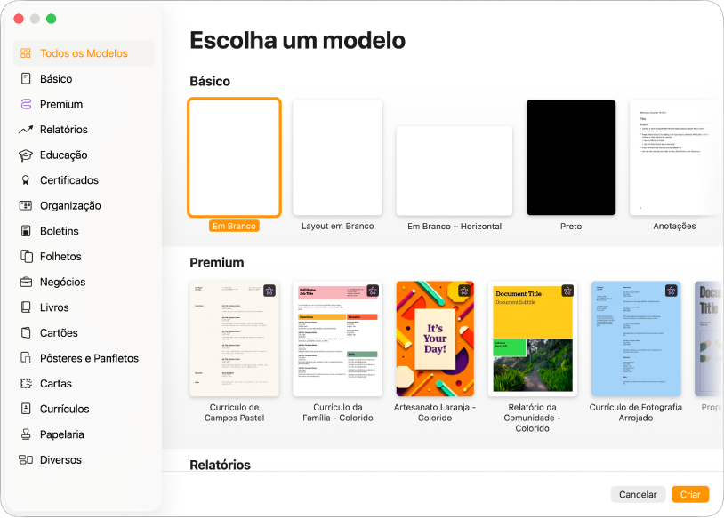 O seletor de modelos. Uma barra lateral à esquerda lista as categorias de modelos que podem ser clicadas para filtrar opções. À direita estão miniaturas de modelos pré-projetados, organizados em linhas por categoria. Os botões Cancelar e Criar estão no canto inferior direito.