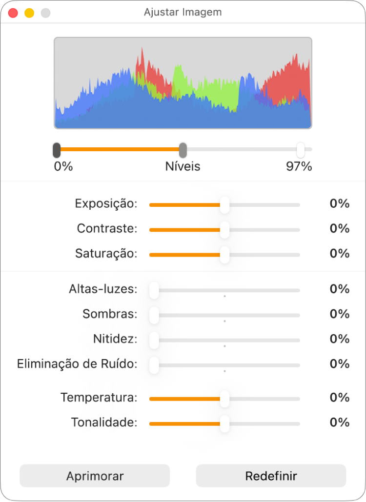 Janela Ajustar Imagem com controles deslizantes para ajuste de exposição, contraste, saturação, altas-luzes, sombras, nitidez, redução de ruído, temperatura e tonalidade.