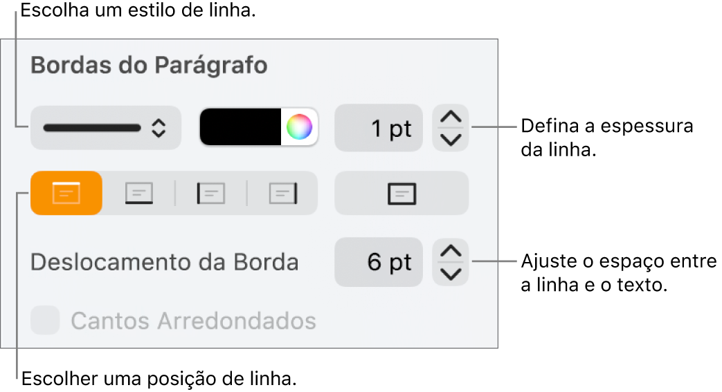 Controles para alterar o estilo, a espessura, a posição e a cor da linha.