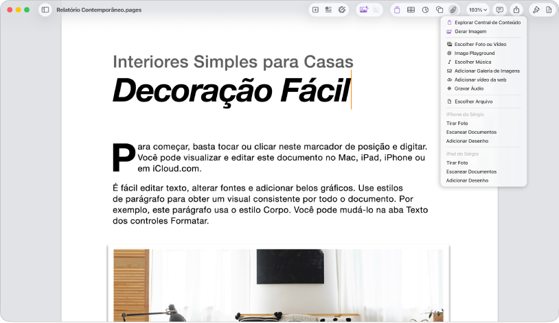 Um documento aberto com o menu Adicionar Mídia aberto.