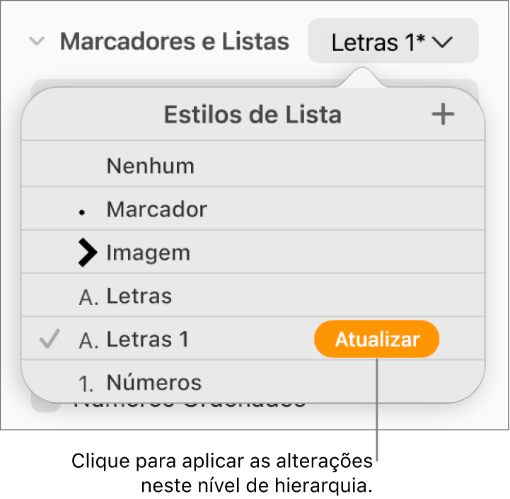 Menu pop-up “Estilos de Lista” com o botão Atualizar ao lado do nome do novo estilo.