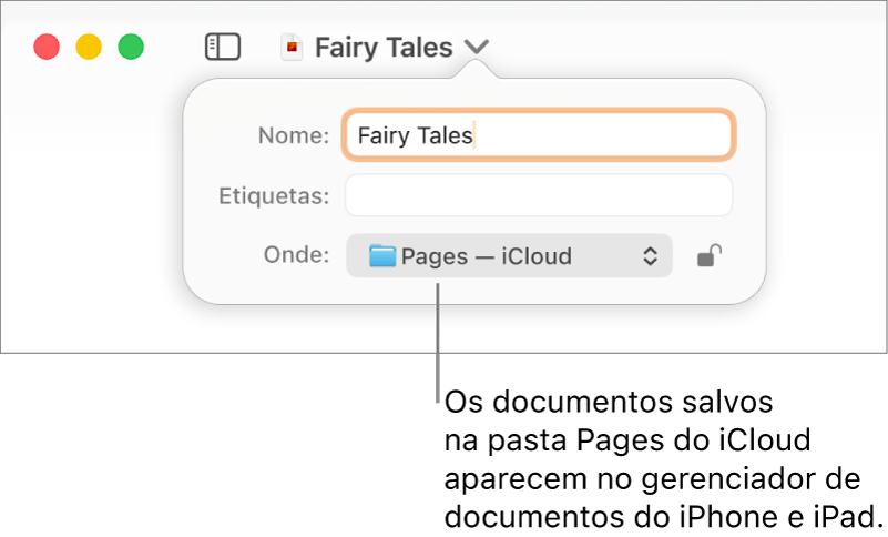 Caixa de diálogo Salvar em um documento com Pages — iCloud no menu pop-up Onde