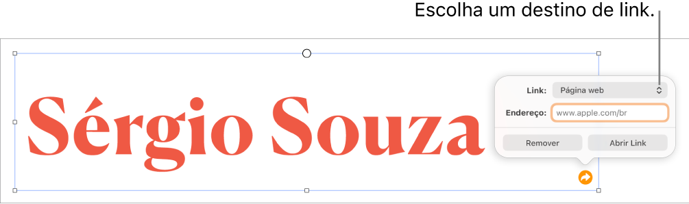 Controles do editor de links com “Página Web” selecionado e os botões Remover e “Abrir Link” na parte inferior.