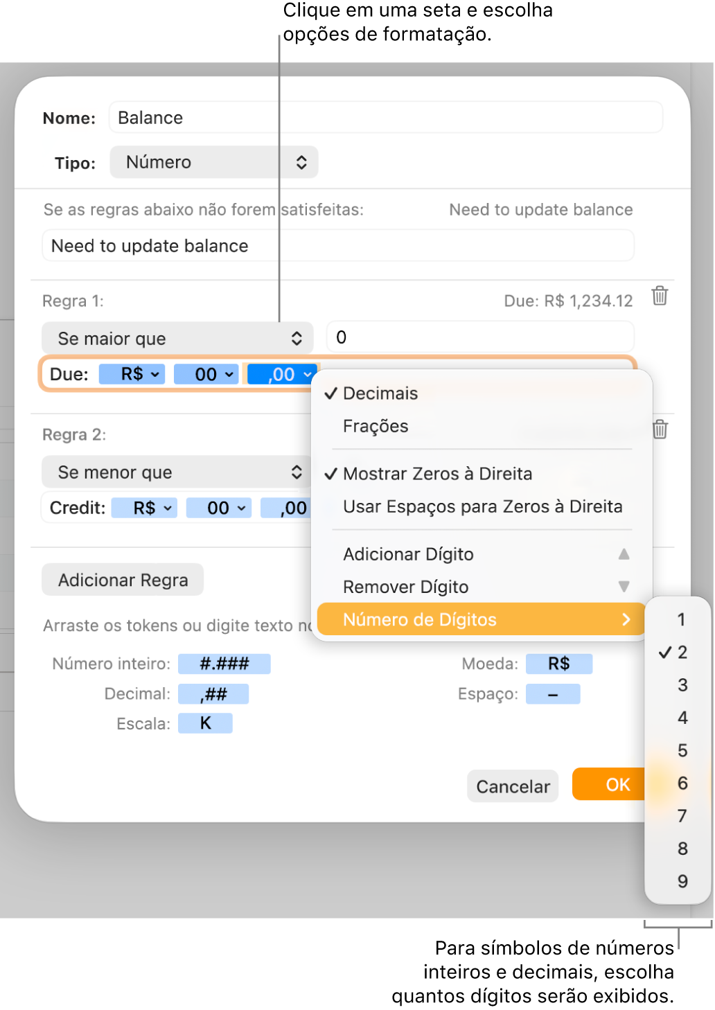 Janela de formato personalizado de célula, com controles para escolha de opções de formatação personalizadas.