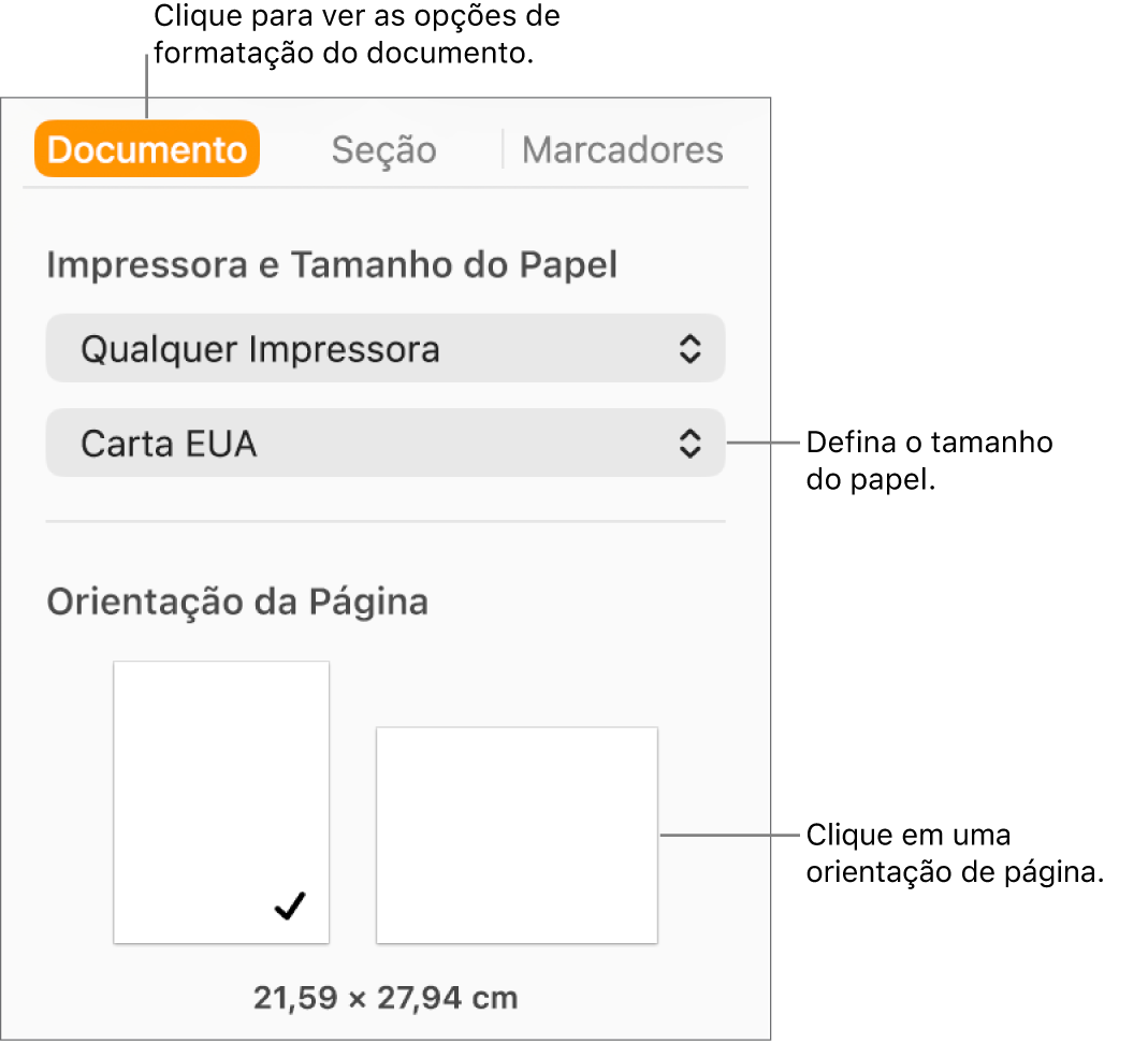 Barra lateral Documento com a aba Documento na parte superior da barra lateral selecionada. Na barra lateral estão um menu pop-up para definir o tamanho do papel e botões para orientação vertical ou horizontal de página.