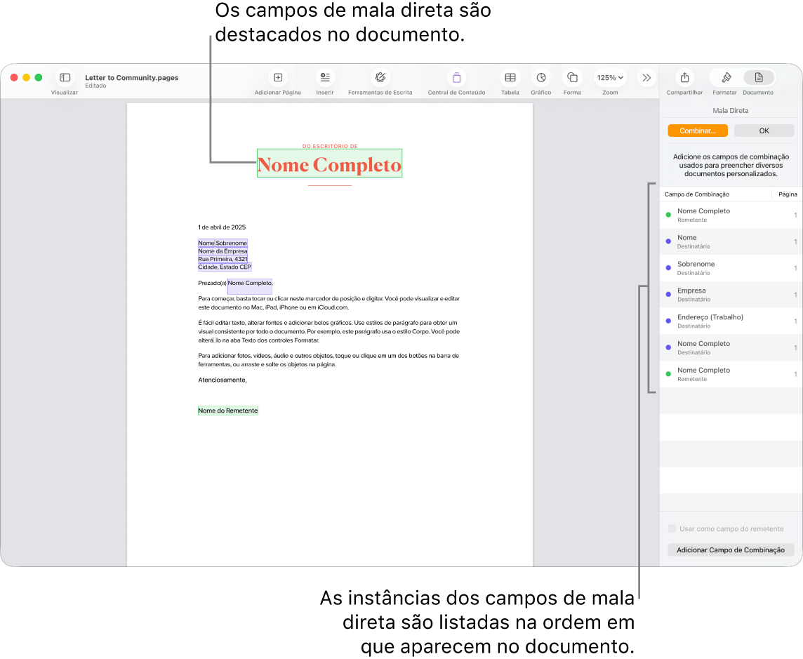 Documento do Pages com campos de destinatário e remetente de mala direta e a lista de instâncias de campos de mala direta visível na barra lateral Documento.