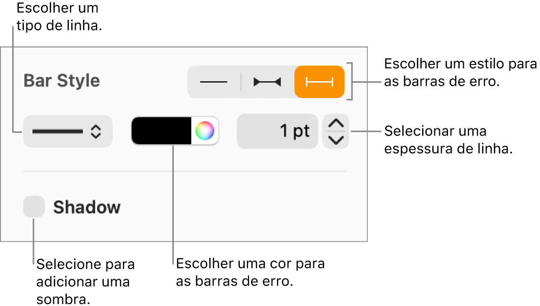 Os controlos para atribuir um estilo às “Barras de erro”.