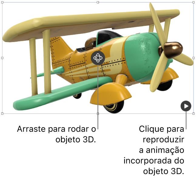 Um objeto 3D com o botão “Rodar” no meio do objeto e o botão “Reproduzir” no canto inferior direito.