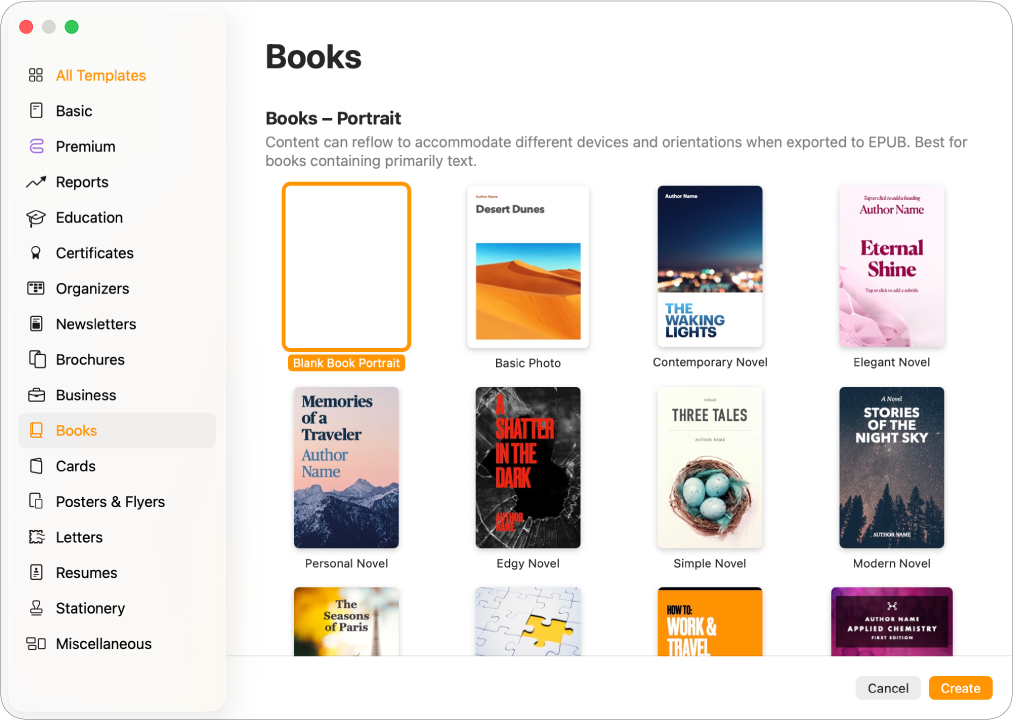 A lista de modelos com "Livros” selecionado na lista de categorias à esquerda e os modelos de livros na orientação vertical à direita.