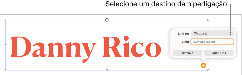 Os controlos do editor de hiperligações com a página web selecionada e os botões "Remover hiperligação” e “Abrir hiperligação” na parte inferior.