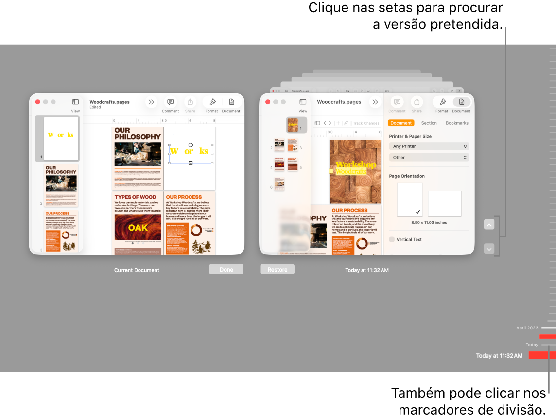 As versões do cronograma mostram o documento atual à esquerda e uma versão recente à direita.