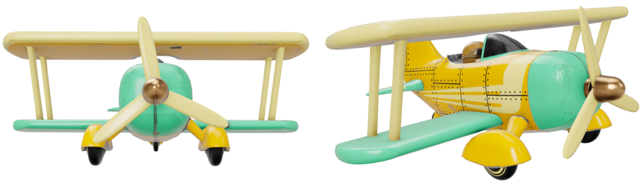 Um modelo 3D de um biplano visto de dois ângulos.
