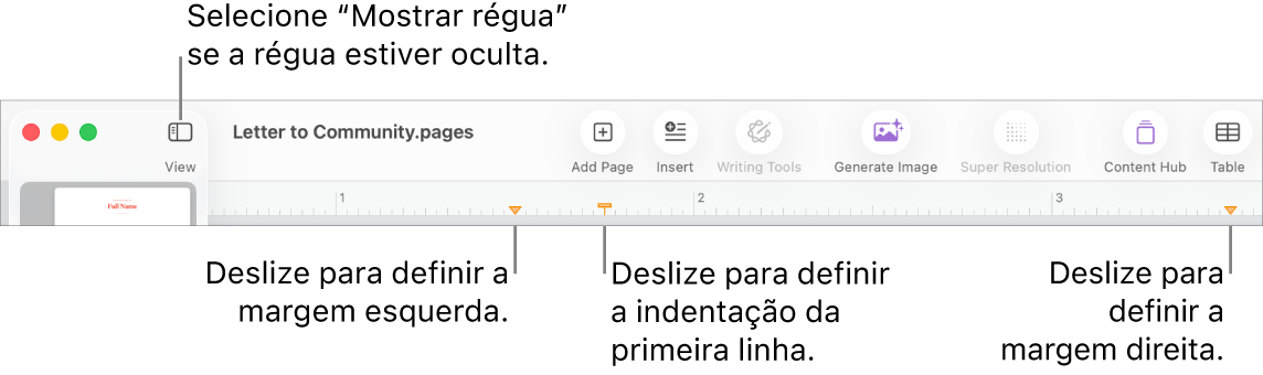 Régua com o controlo de margem esquerda e o controlo de indentação de primeira linha.