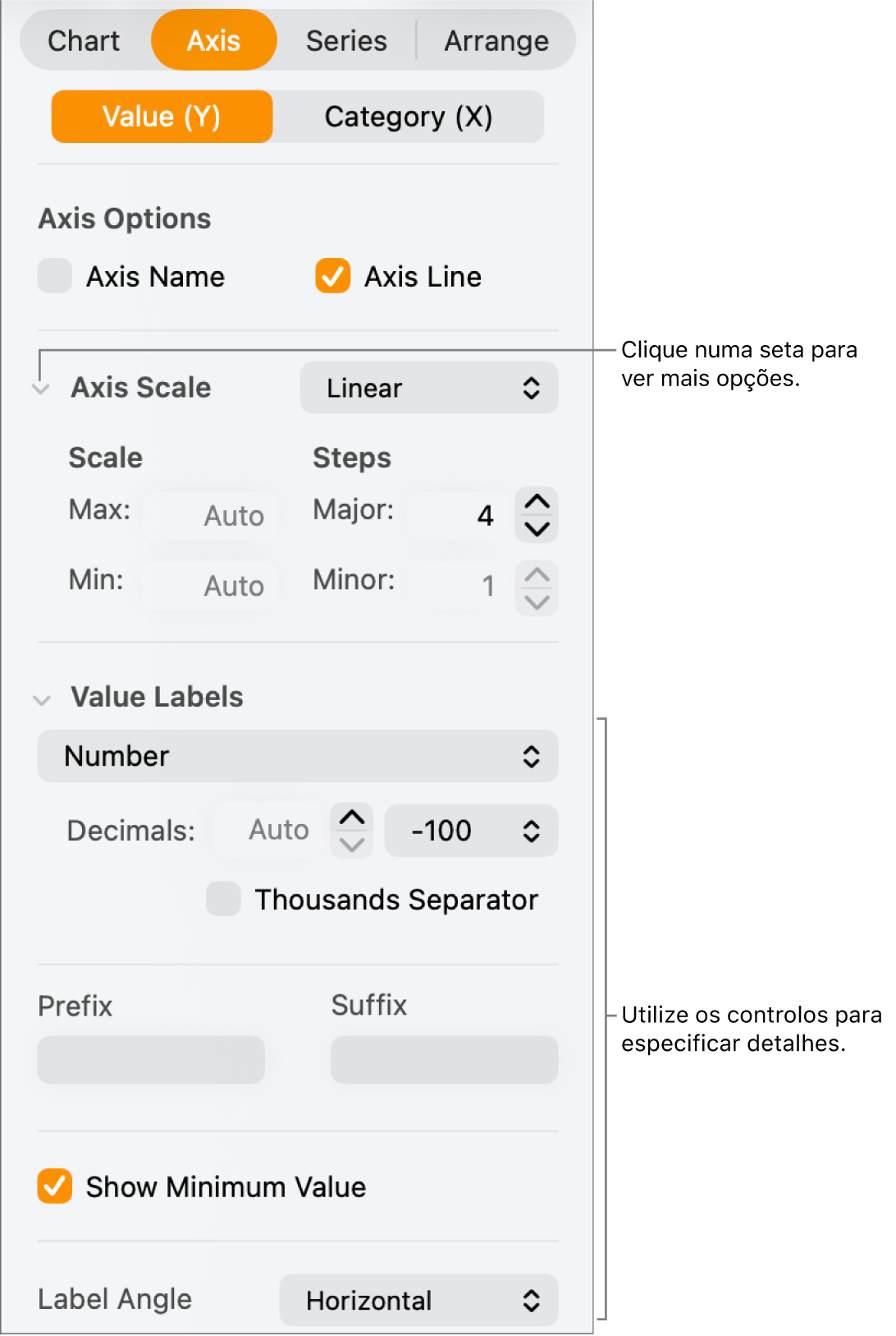 Controlo para formatar marcações do eixo do gráfico.