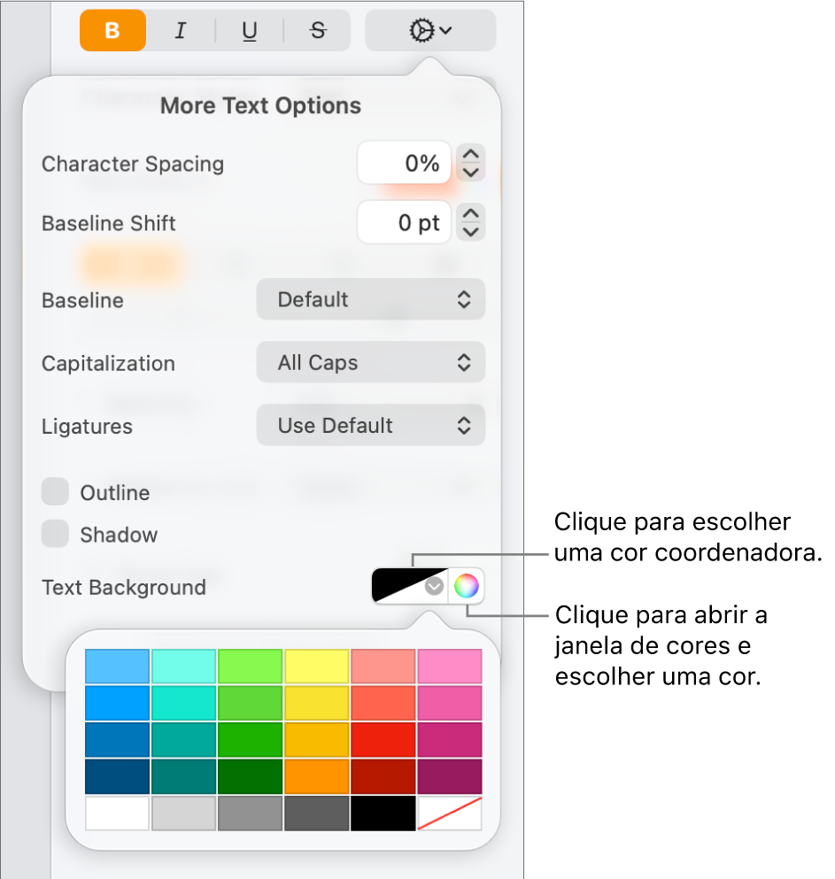 Controlos para escolher uma cor de fundo do texto.