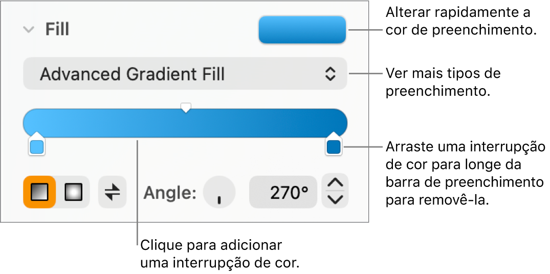Controlos para preencher objetos com cores.