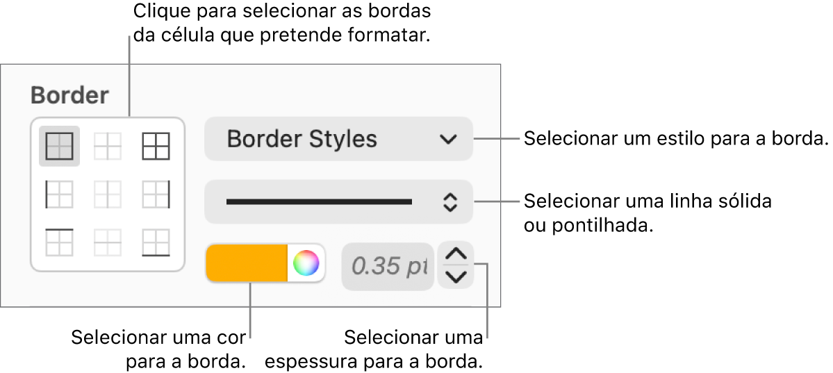 Controlos para definir o estilo de bordas de célula.
