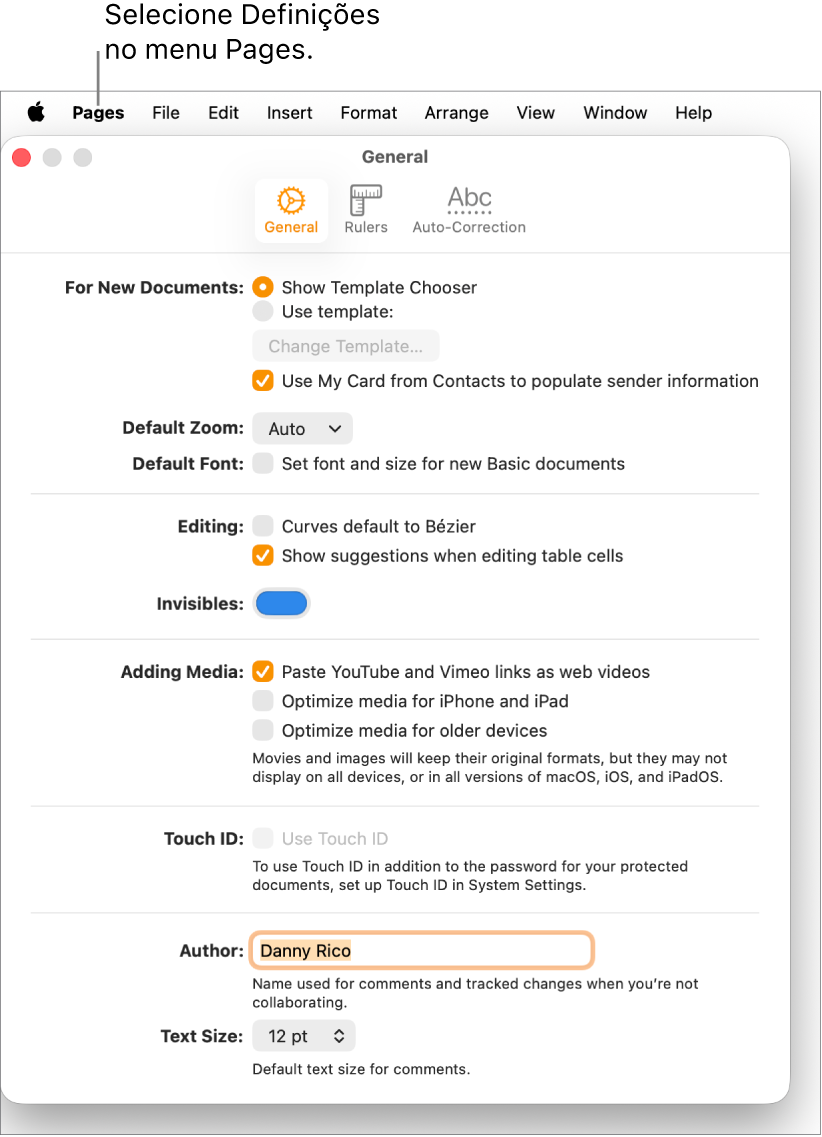 Painel de definições do Pages aberta no separador “Geral”.