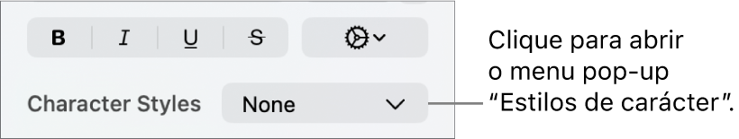 O menu pop-up menu “Estilos de carácter”.