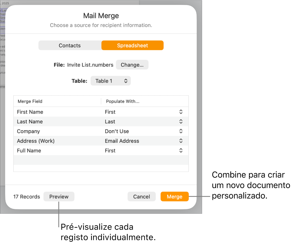 O painel “Intercalação de endereços” está aberto, com opções para alterar o ficheiro ou a tabela de origem, pré-visualizar os nomes ou registos individuais dos campos de intercalação ou intercalar o documento.