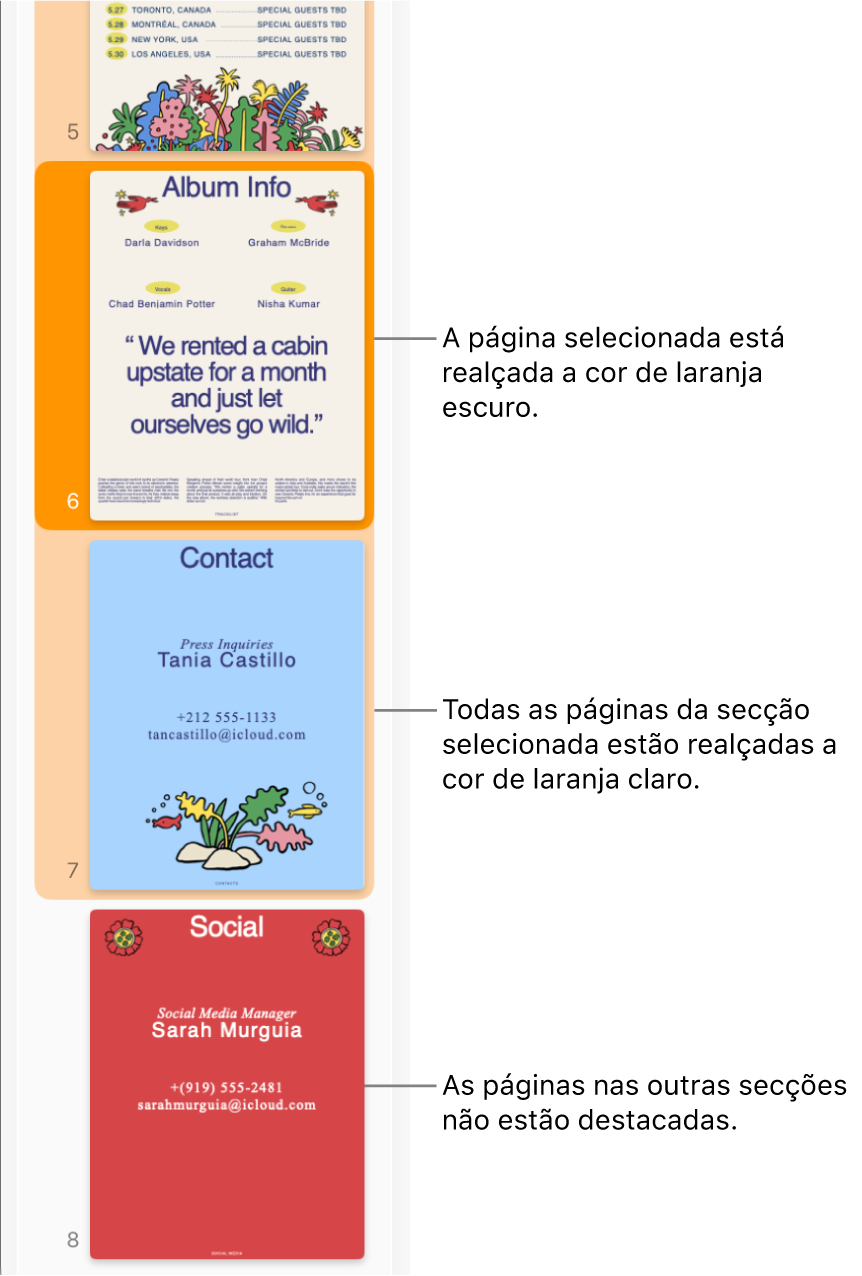 A barra lateral de vista das miniaturas com a página selecionada destacada a cor de laranja escuro e todas as páginas na secção selecionada destacadas a cor de laranja claro.