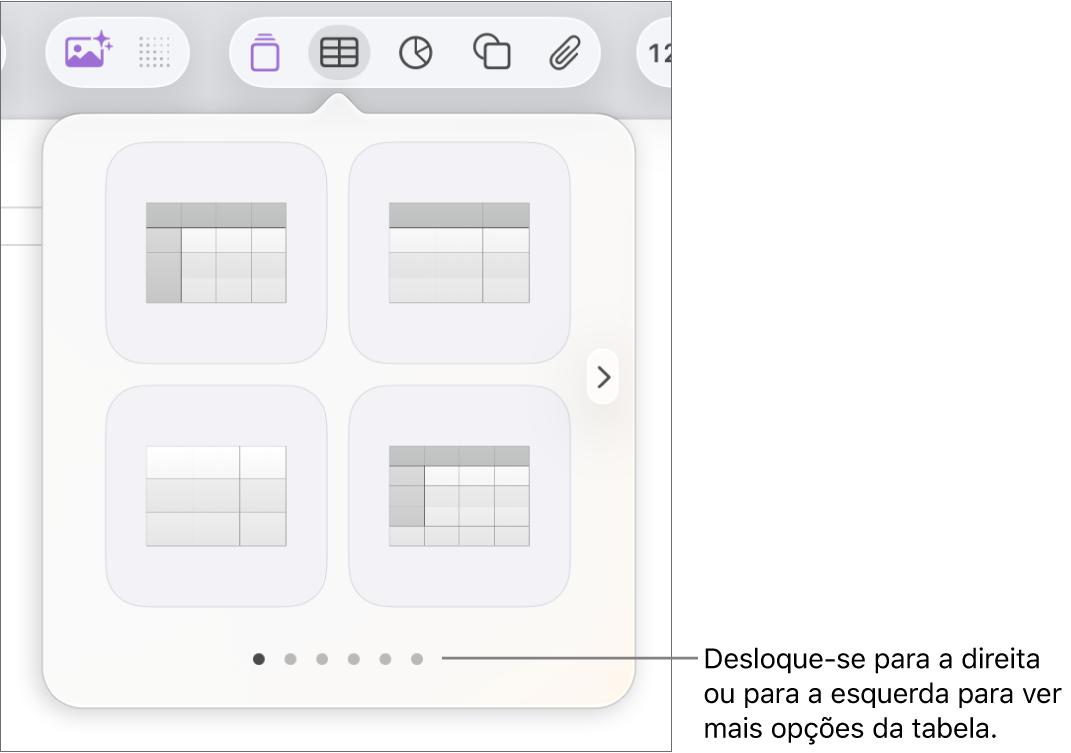 O menu “Adicionar tabela” com as setas de navegação.