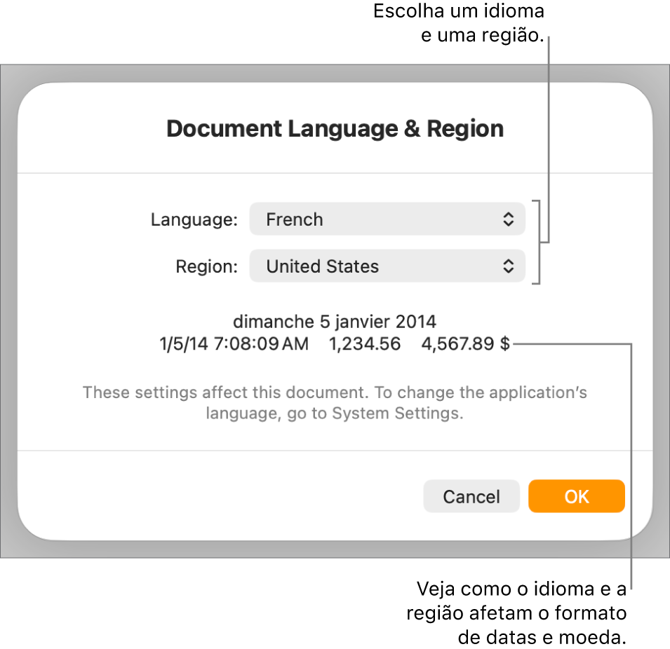 O painel “Idioma e região” com controlos de idioma e região e um exemplo da formatação, incluindo data, hora, decimal e moeda.