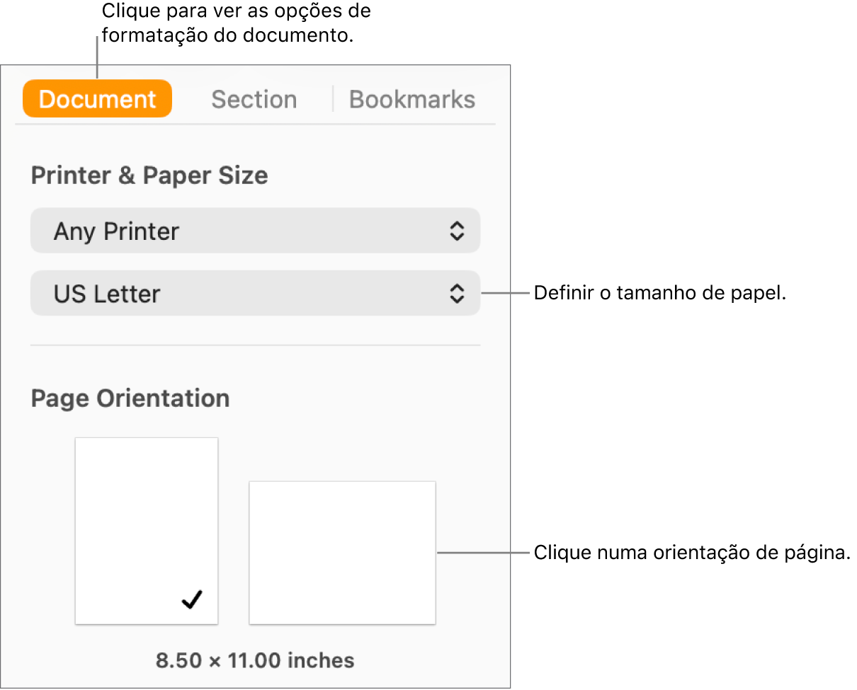 A barra lateral "Documento” com o separador "Documento” na parte superior da barra lateral selecionada. Na barra lateral está um menu pop-up para definir o tamanho de papel e botões para a orientação vertical e horizontal da página.