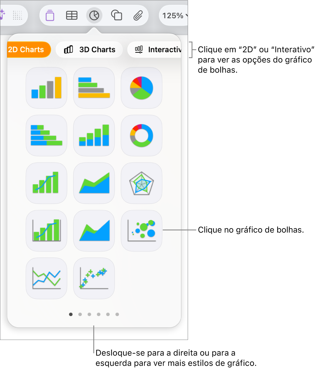 O menu "Adicionar gráfico” a mostrar gráficos interativos, incluindo uma opção de gráfico de bolhas.