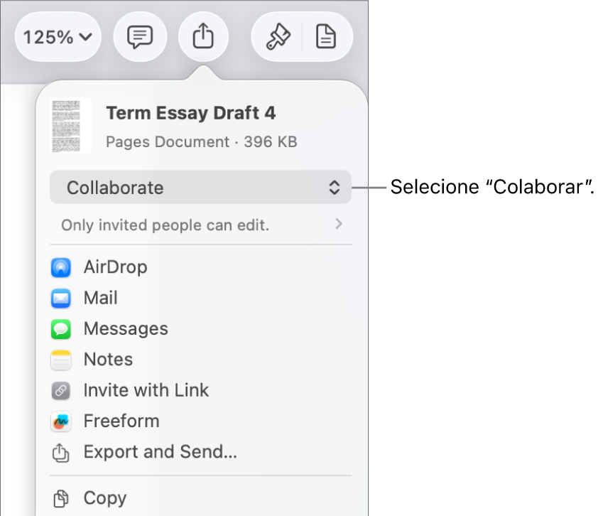 O menu "Partilha” com “Colaboração” selecionada na parte superior e as definições de acesso e permissão por baixo.