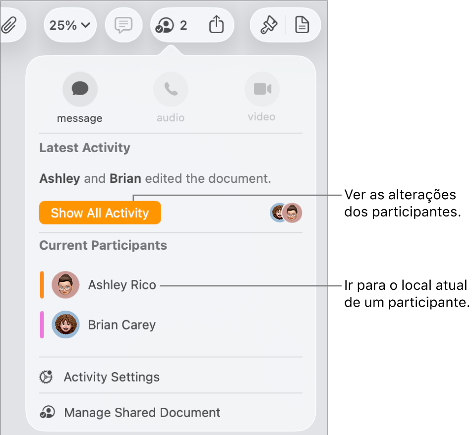 O menu de colaboração com dois participantes atuais listados.