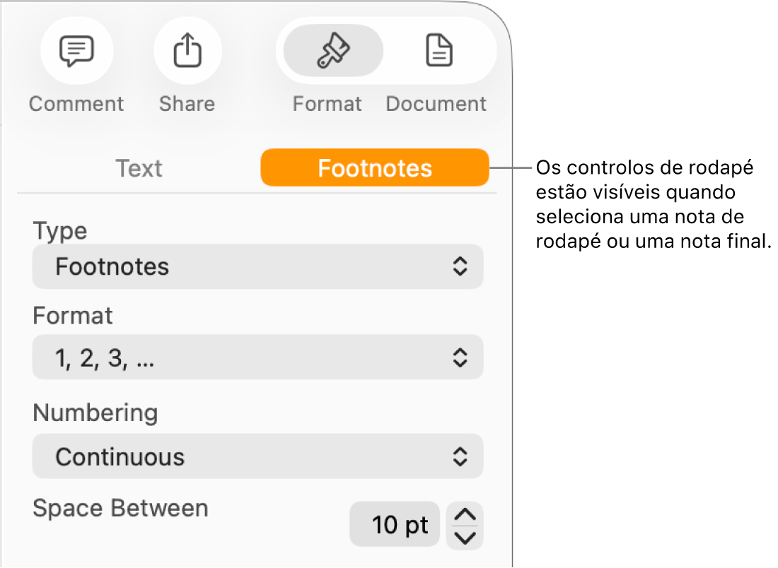 Painel “Notas de rodapé” a mostrar os menus pop-up “Tipo”, “Formato”, “Numeração” e espaço entre notas.