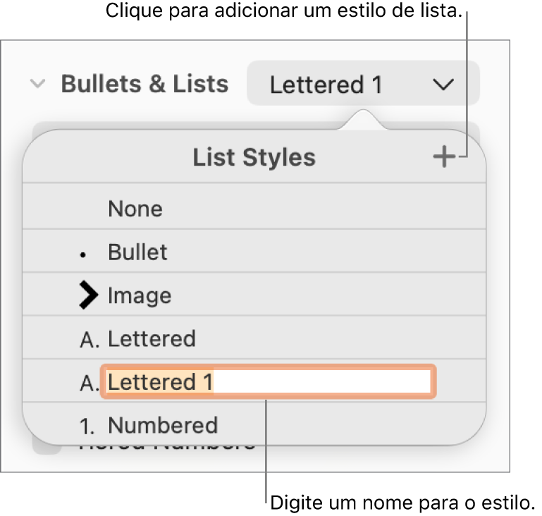 O menu pop-up “Estilos de lista” com um botão “Adicionar” no canto superior direito e um nome de estilo do marcador de posição com o respetivo texto selecionado.